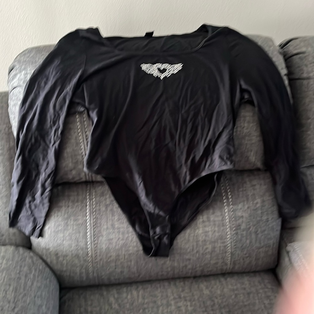 Long sleeve black bodysuit with rhinestone design SHEIN CURVE
